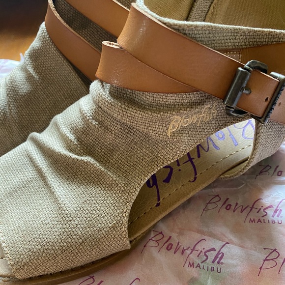Boho Gladiator Canvas Sandal Shoe BLOWFISH Beige Flat Strap Peep Toe Runway 7 37 - Picture 7 of 16